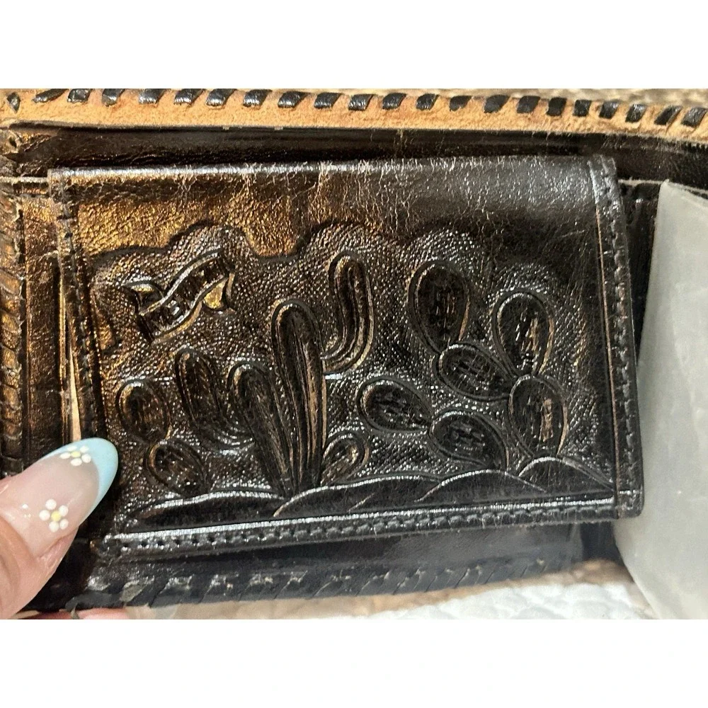 VTG Tooled Leather Wallet Mens Black Bifold Floral Embossed Western Braided Edge